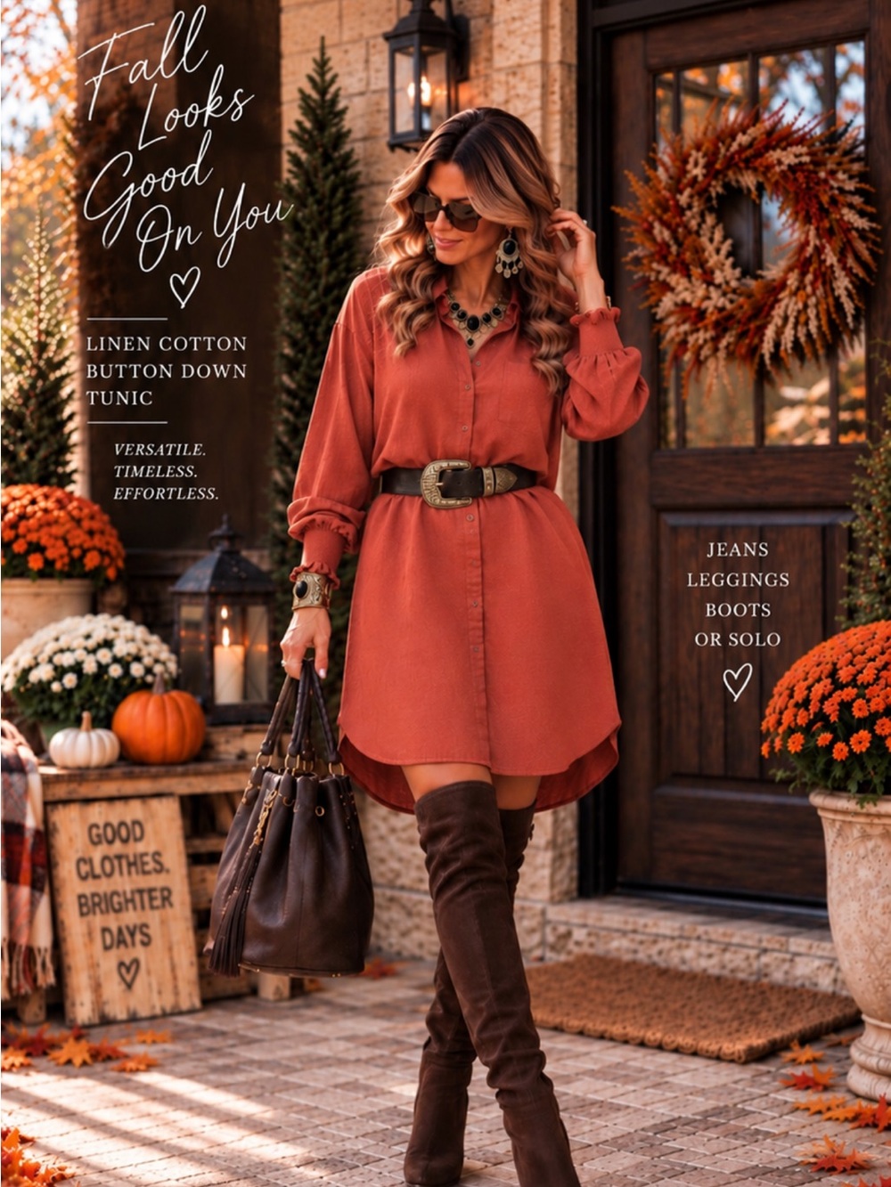 Brick Linen Cotton Button Down Tunic Shirt Dress Smocked Cuff Boho Fall